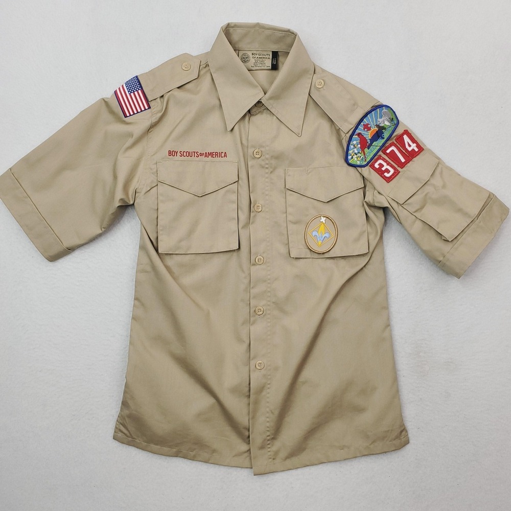 Boy Scouts Of America Shirt Boys Medium Beige Uniform Short Sleeve Patches BSA